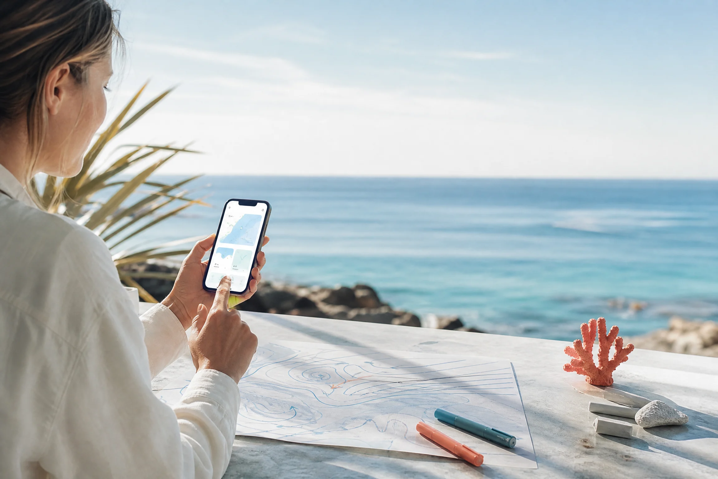 Designer using a mobile prototype at a coastal desk