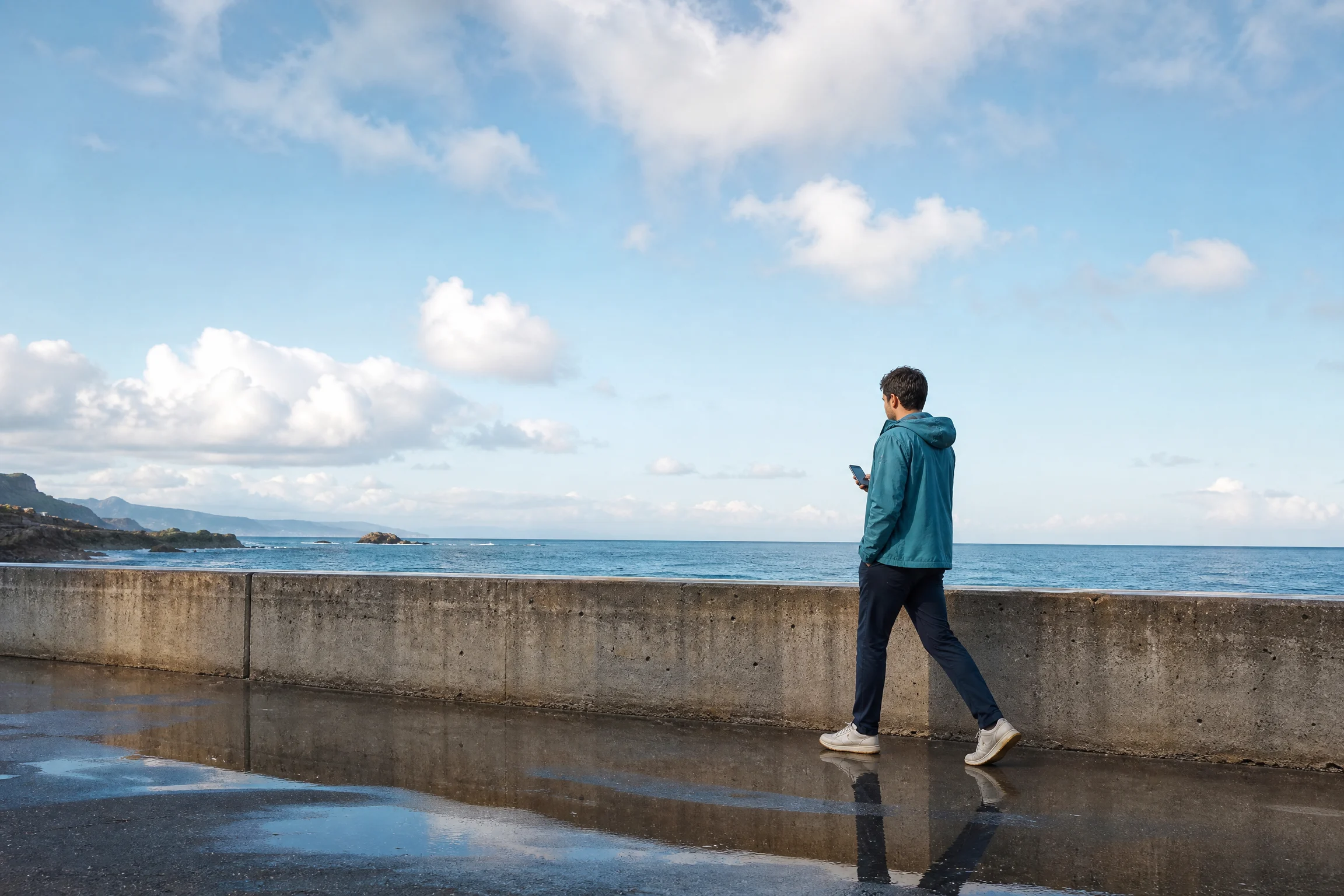 Person using a phone beside a sea wall after rain
