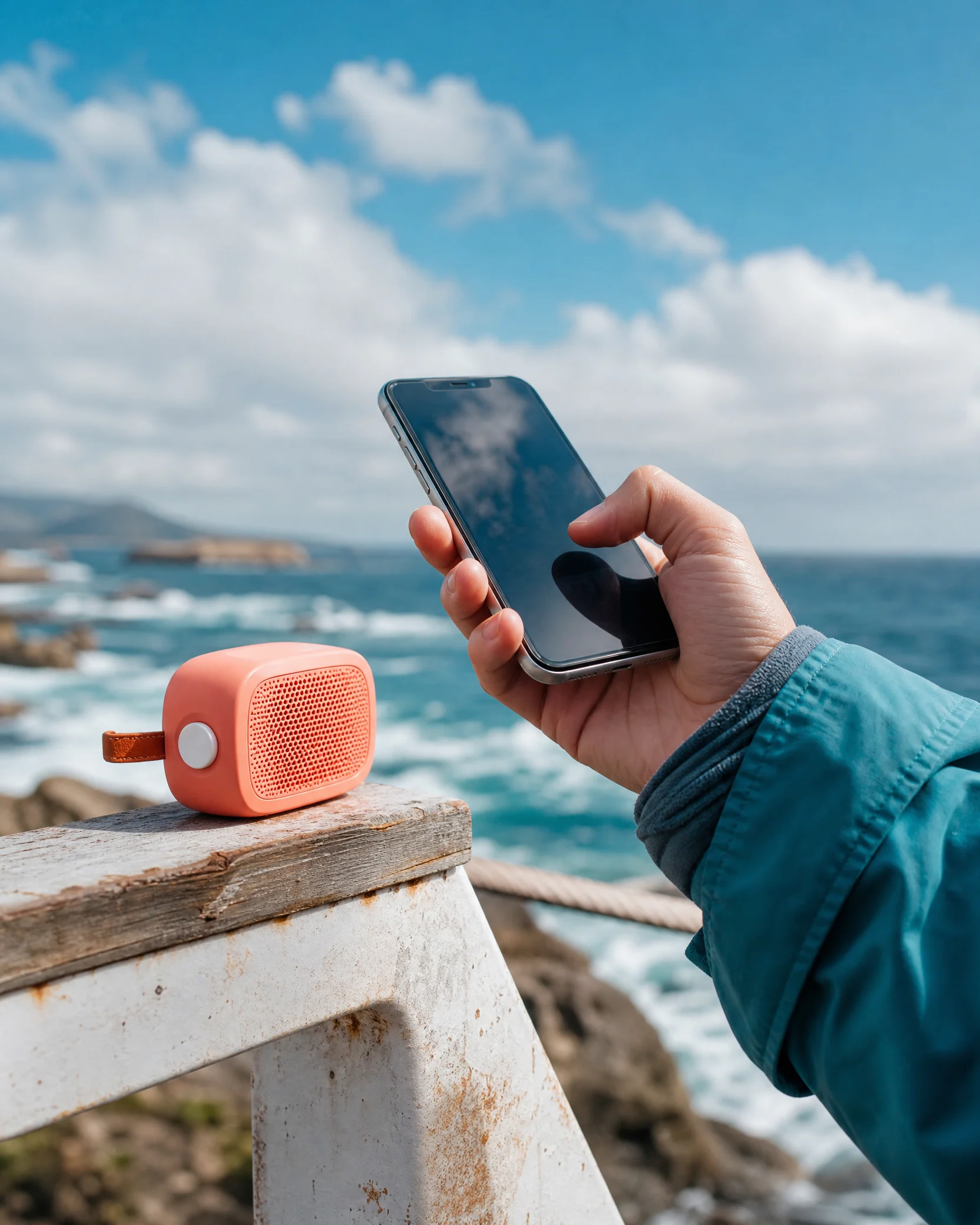 Phone used at a coastal railing