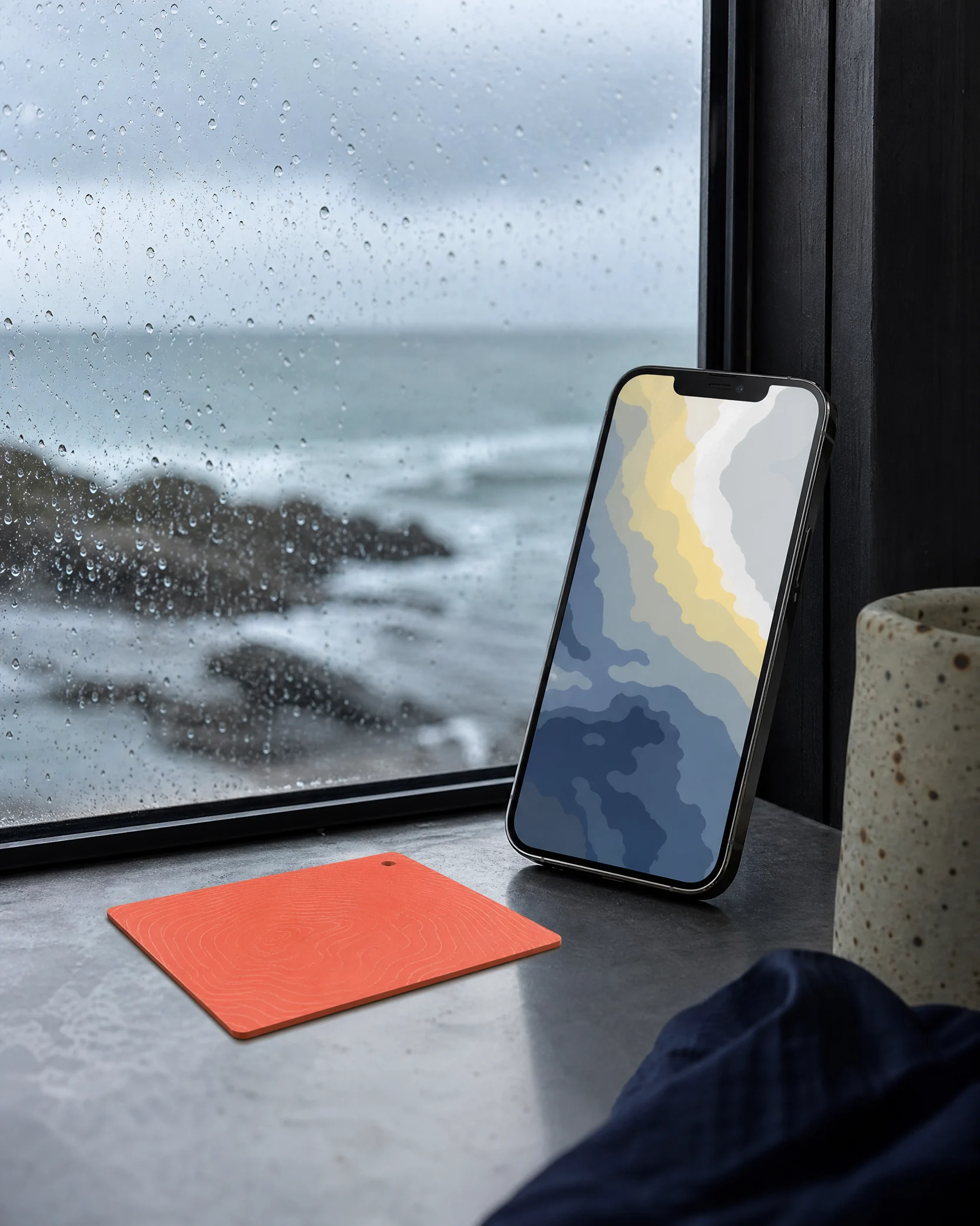 Phone by a rain specked window